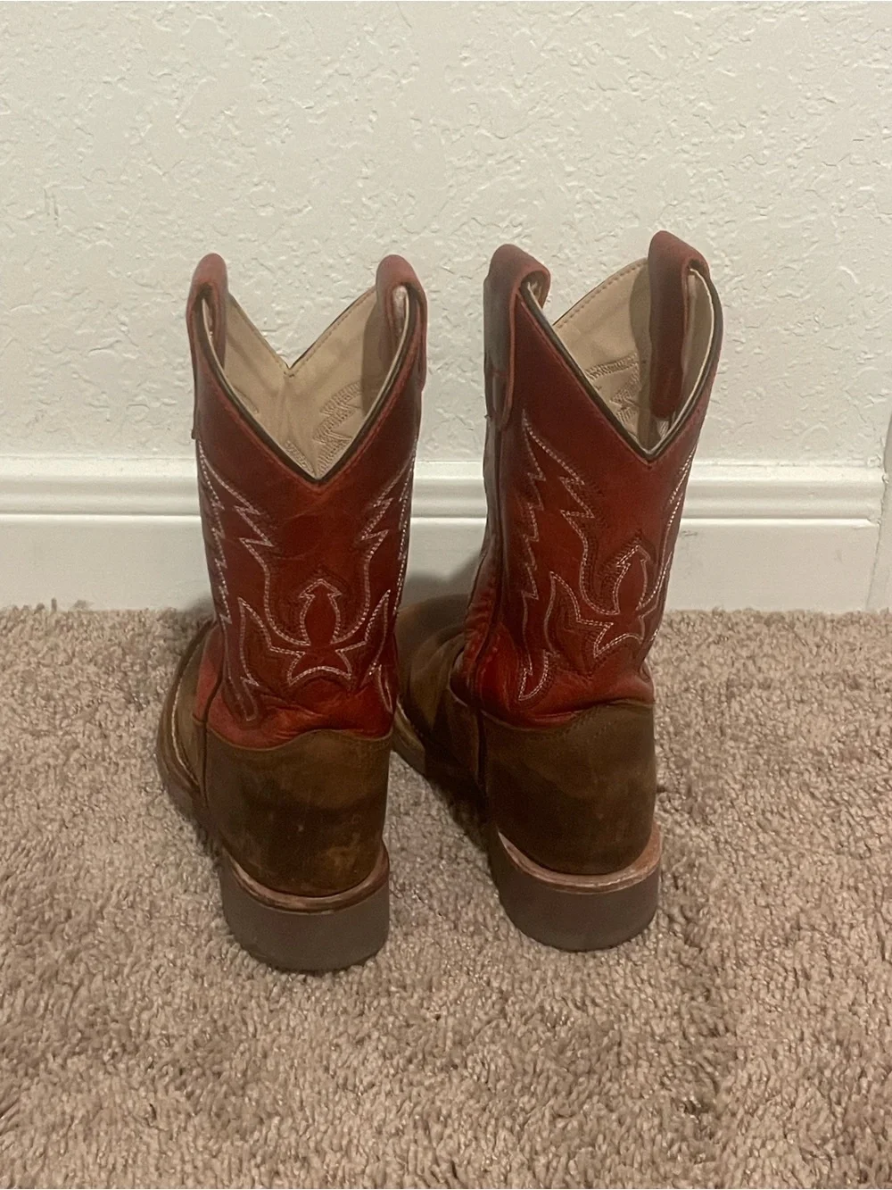 Kids Western Pull-On Boots in Brown and Red - Stitched Shaft